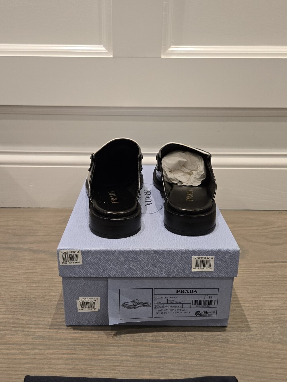 $1,200 Prada Brushed Leather Bi-color Triangle Logo Loafer Mule EU 38 US 8 BNIB - Picture 8 of 13